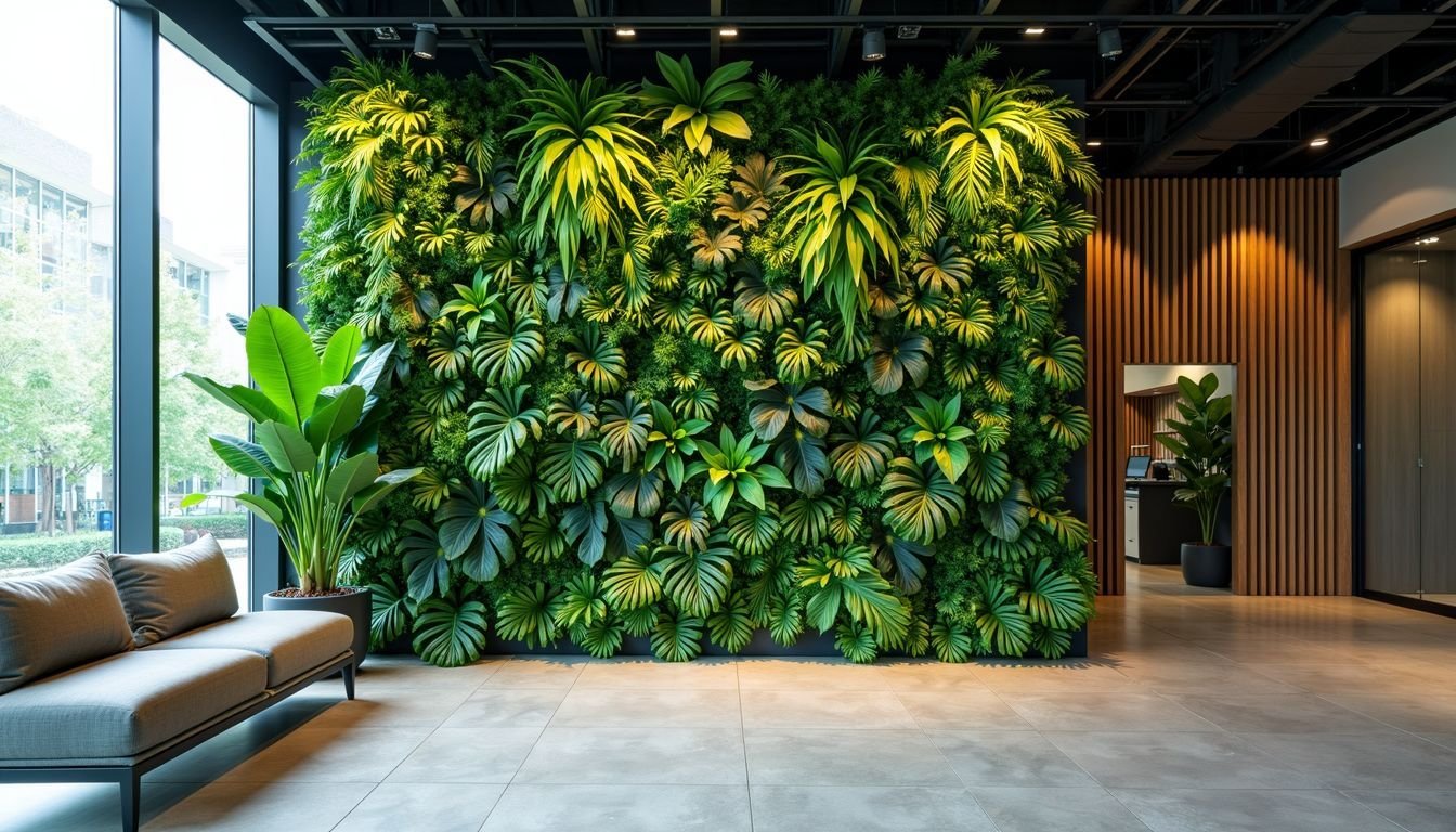 A modern office lobby with a floor-to-ceiling green wall featuring lush tropical plants.