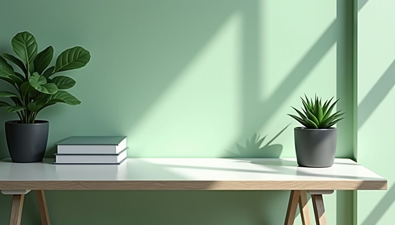 A modern office desk with a small artificial plant in a calming green color scheme.