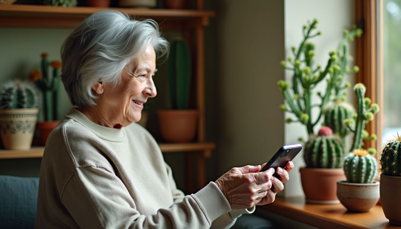 An elderly woman shops for lifelike artificial cacti in a cozy living room.