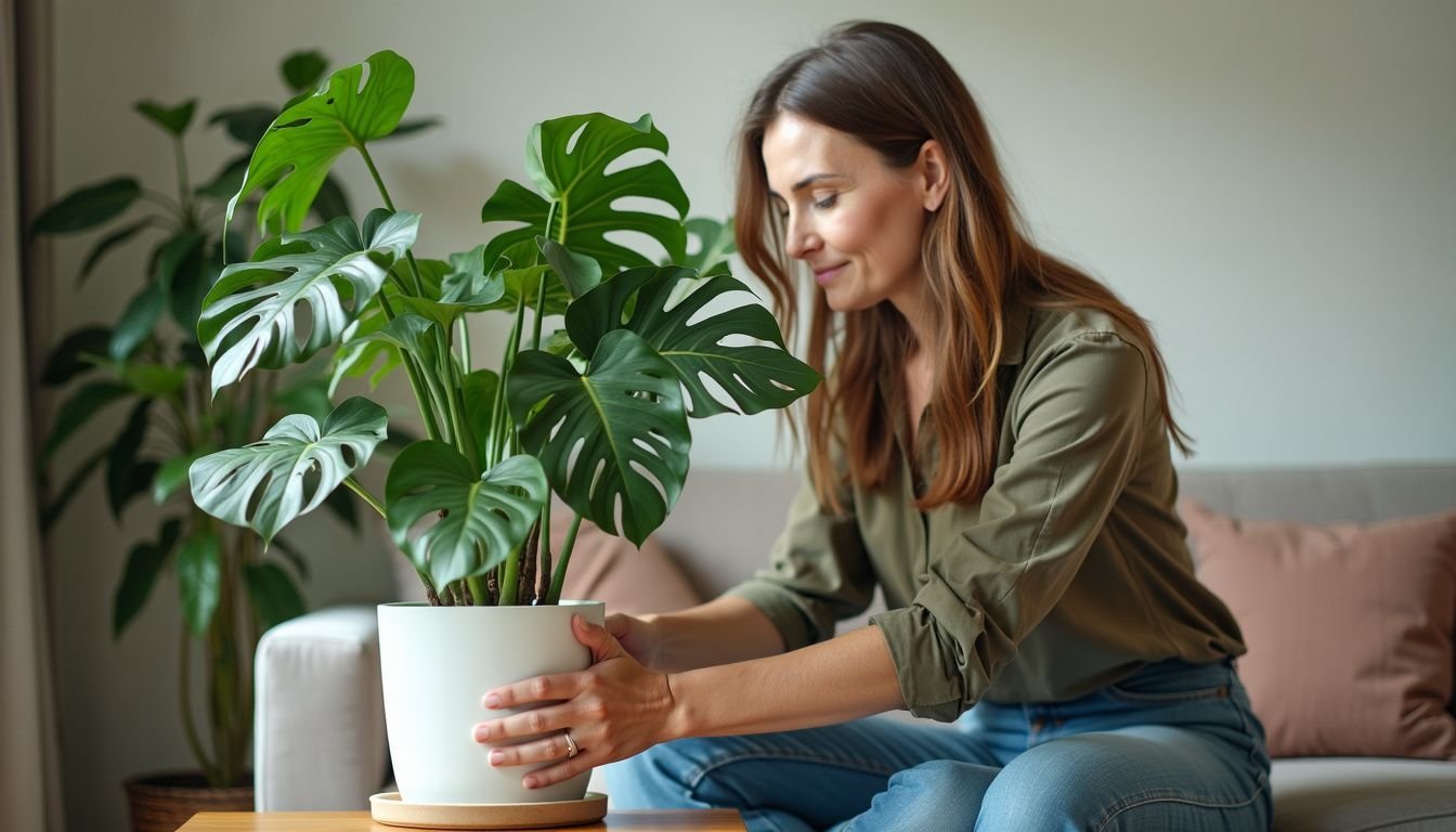 A woman in her 30s decorates her modern living room with a large green plant.