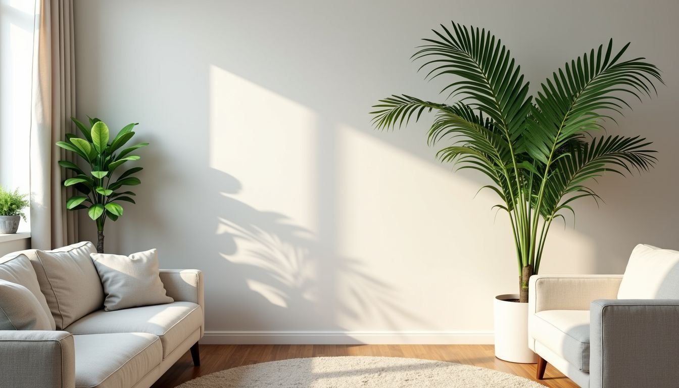 A cozy living room with a large fake Areca Palm.