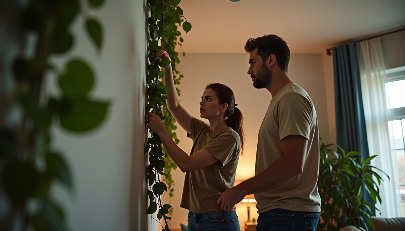 A couple in their 30s hanging indoor vines in their living room.