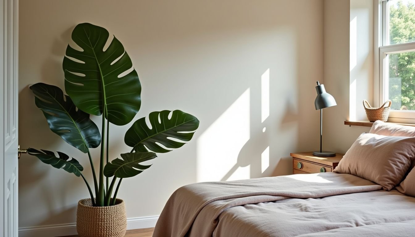 A cozy bedroom with a 120 cm artificial fiddle leaf plant.