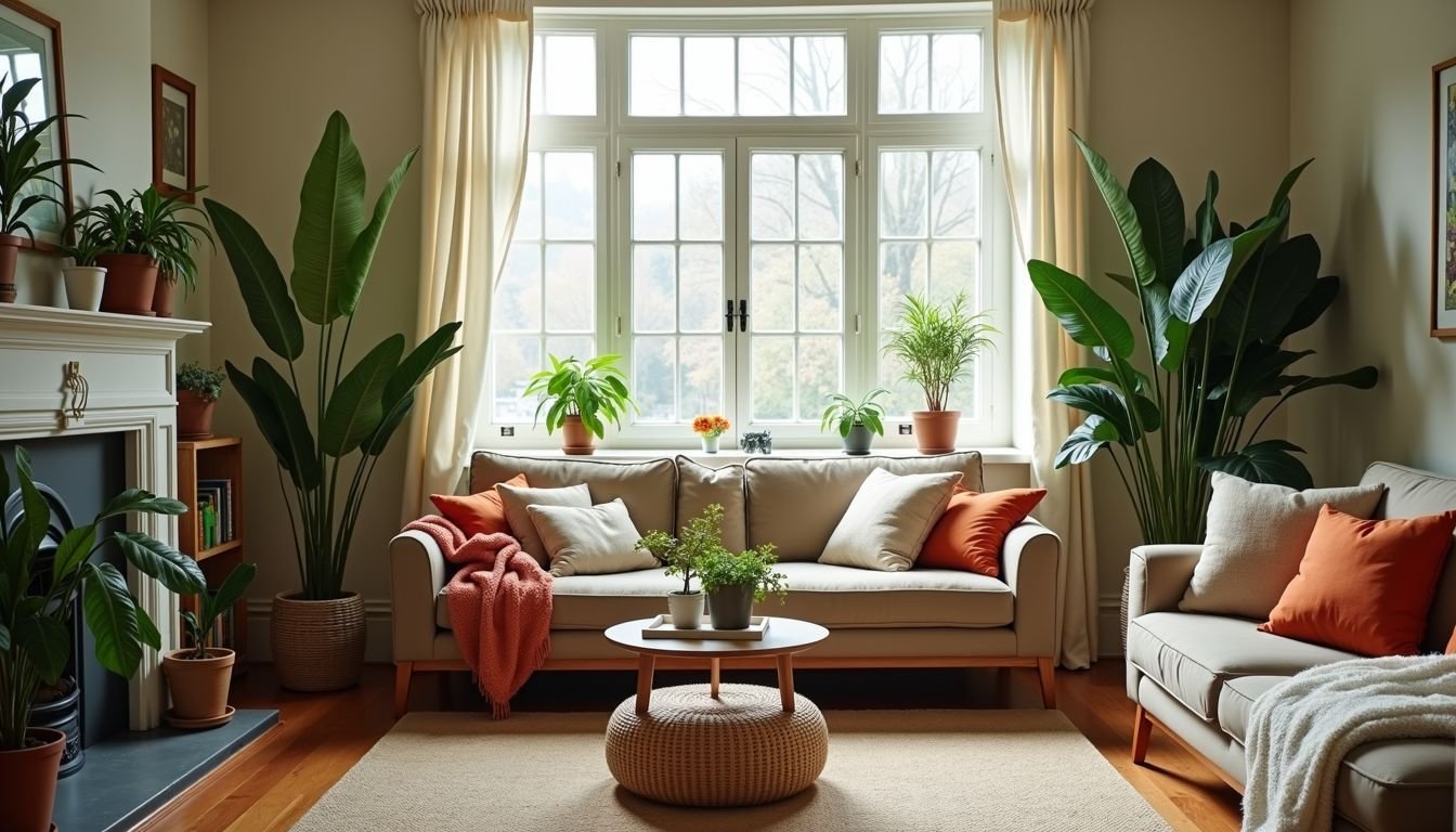 A cozy living room with faux plants adding warmth and style.