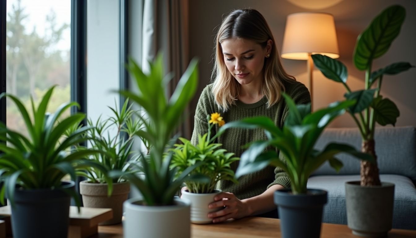 A woman arranges artificial plants in her modern living room.