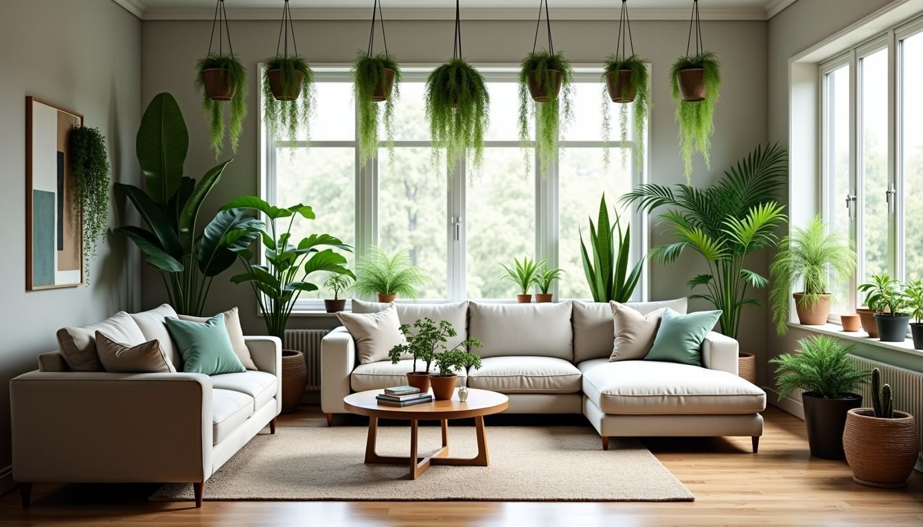 A modern living room with artificial hanging plants for decoration.