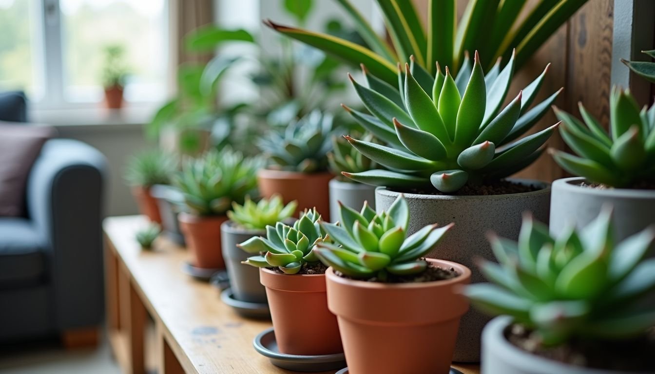 An urban living room with a mix of artificial and real succulents.