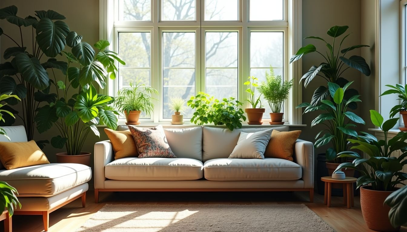 A cozy living room with a mix of real and artificial plants.