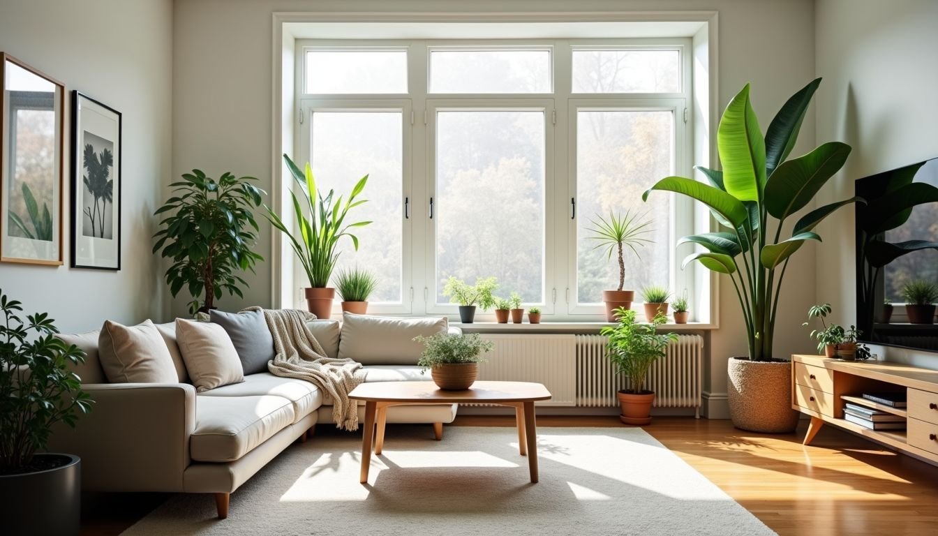 A modern living room with artificial plants adding a fresh feel.