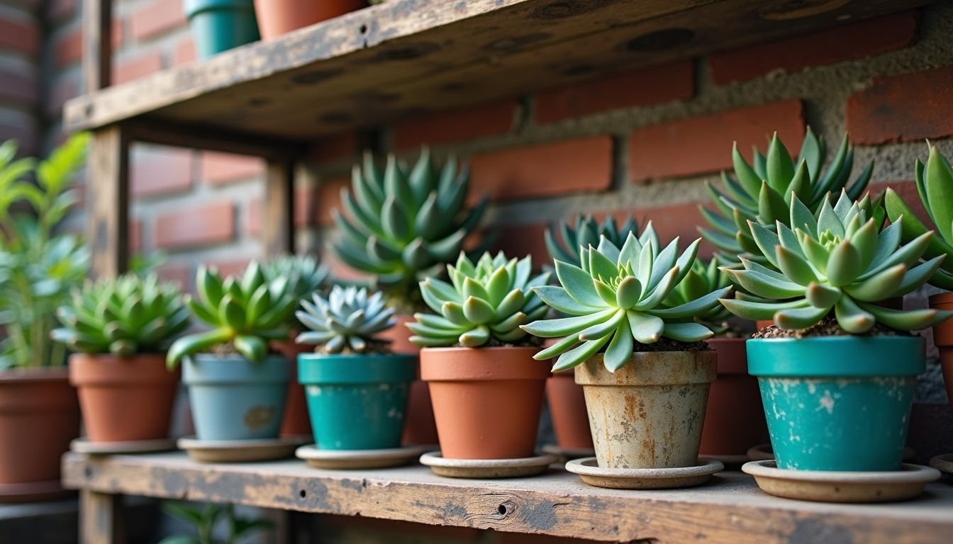 A rustic wooden shelf displays a collection of vibrant potted plants.