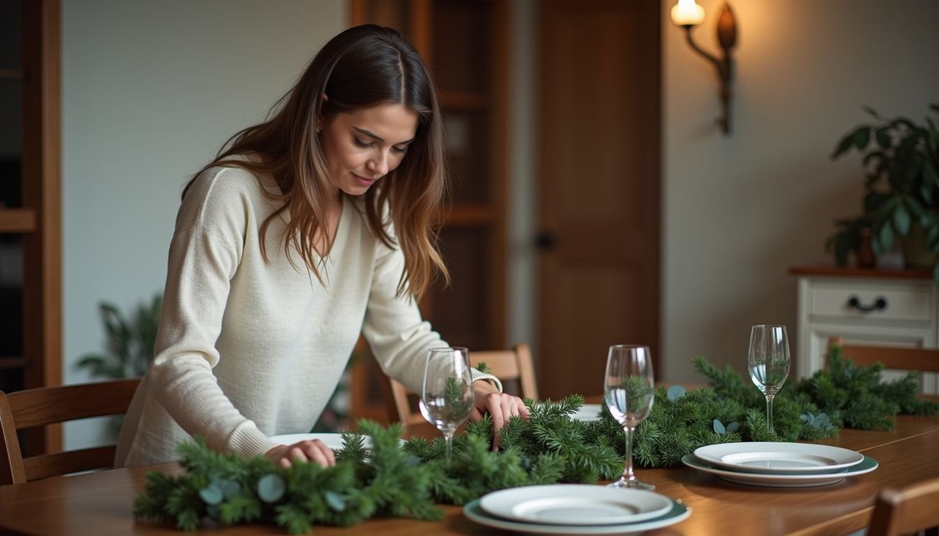 A woman arranging a garland on a wooden dining table.