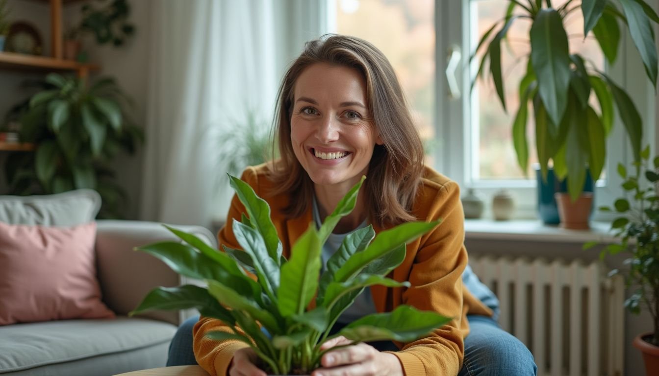 A woman in her 30s arranging fake plants in her cozy living room.