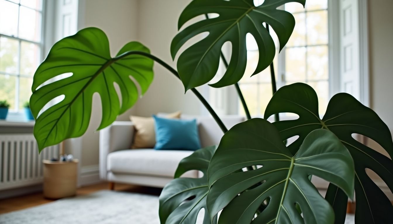 A lifelike faux monstera plant from Temple & Webster in a modern living room.