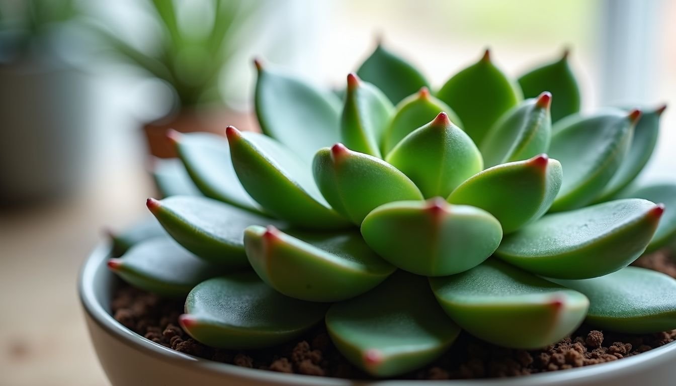 The photo shows a close-up of a realistic faux succulent plant.