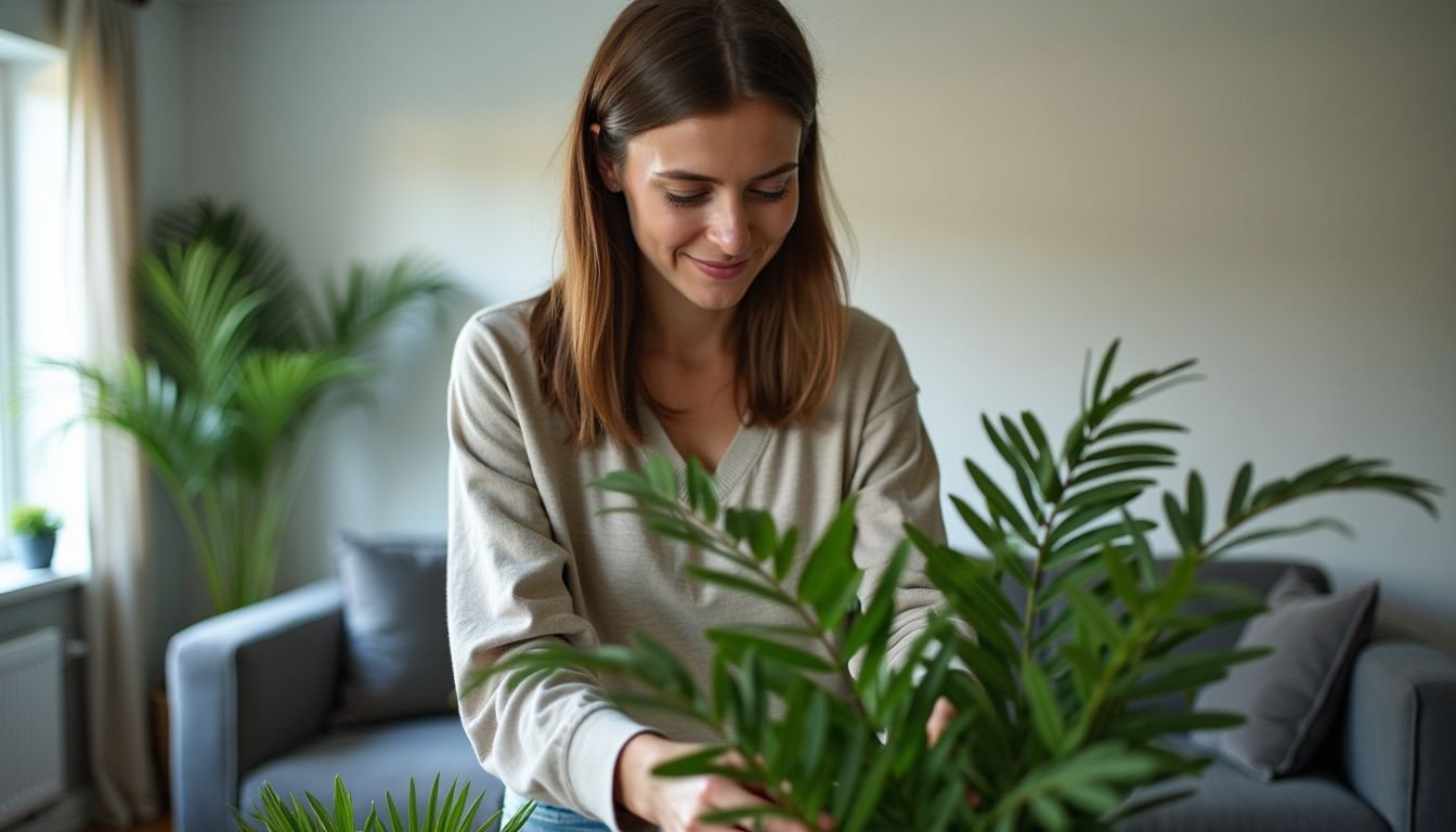 A woman arranging artificial plants in a cozy living room.