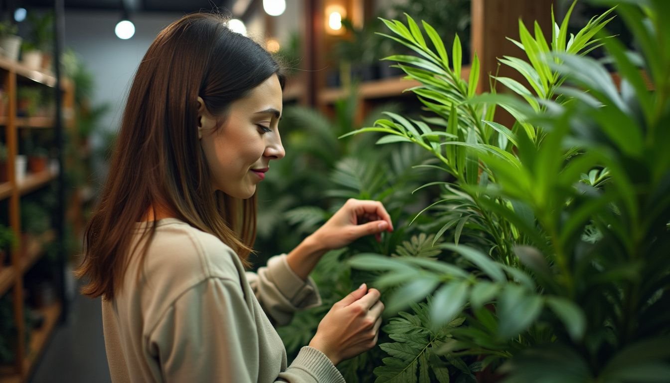 A woman in her mid-30s browsing artificial plants at The Furniture Shack.