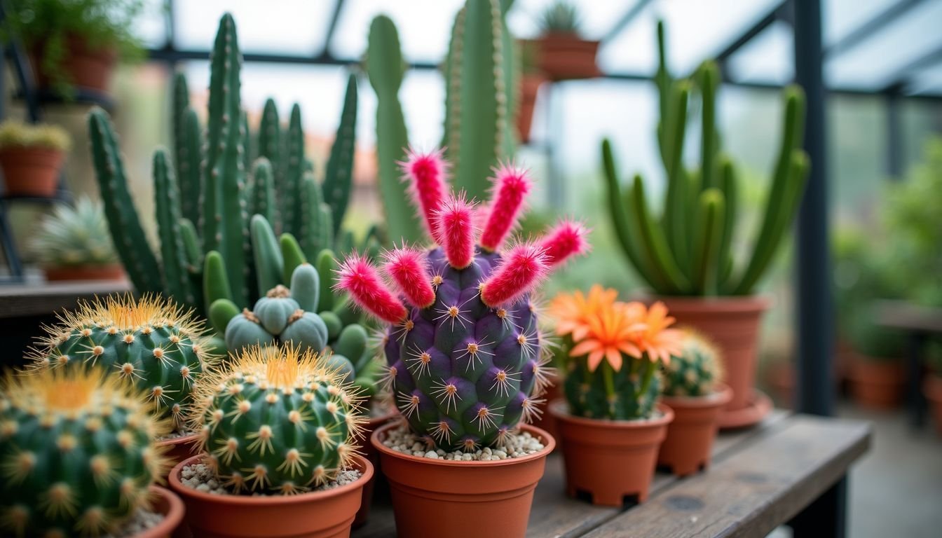 A vibrant display of cacti and succulents at The Jungle Collective garden shop.