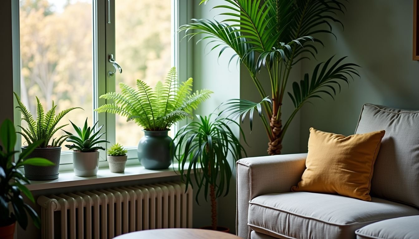 A cozy living room corner with realistic artificial plants.