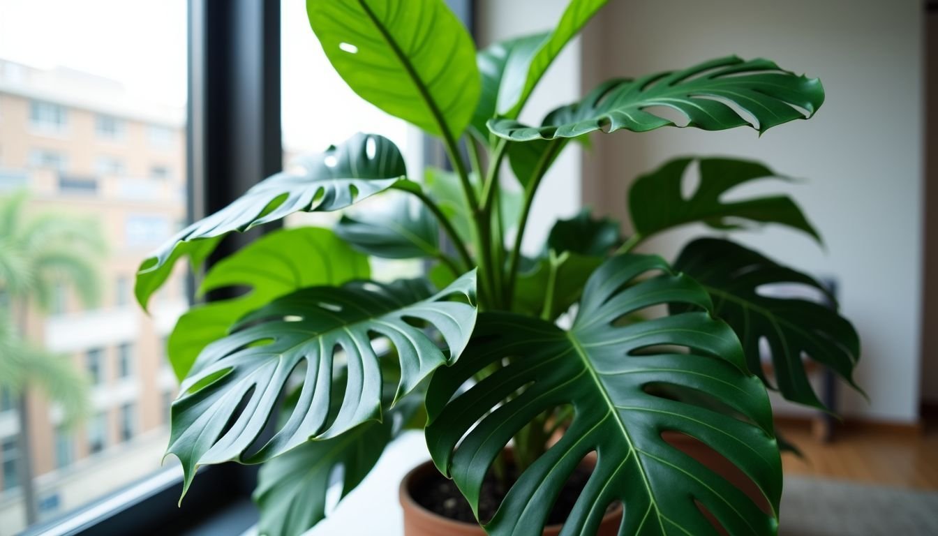 A photo of a Monstera bush in a pot in an office.