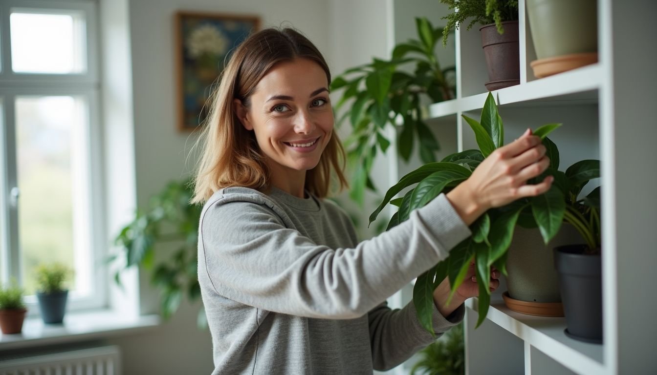 A woman arranging artificial plants on a minimalist shelf for home decor.