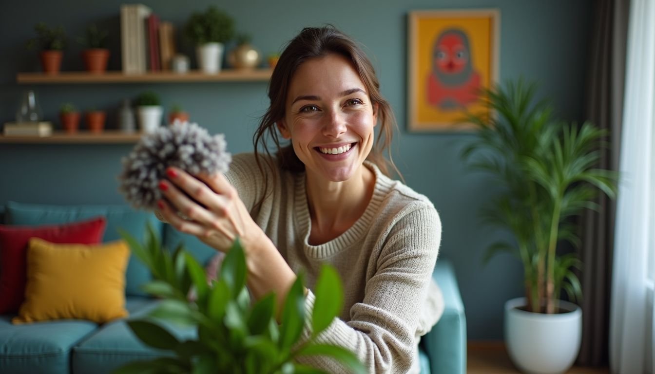 A woman in her 30s smiling as she cleans faux plants.