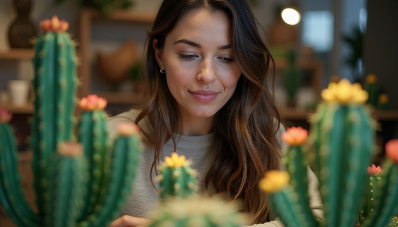 A woman in her 30s examines faux cactus plants in a store.