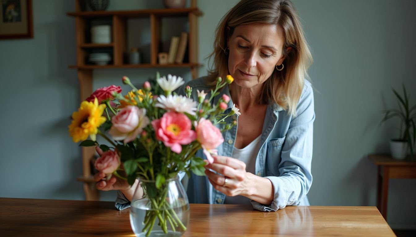 A woman arranges artificial flowers on a wooden tabletop at home.