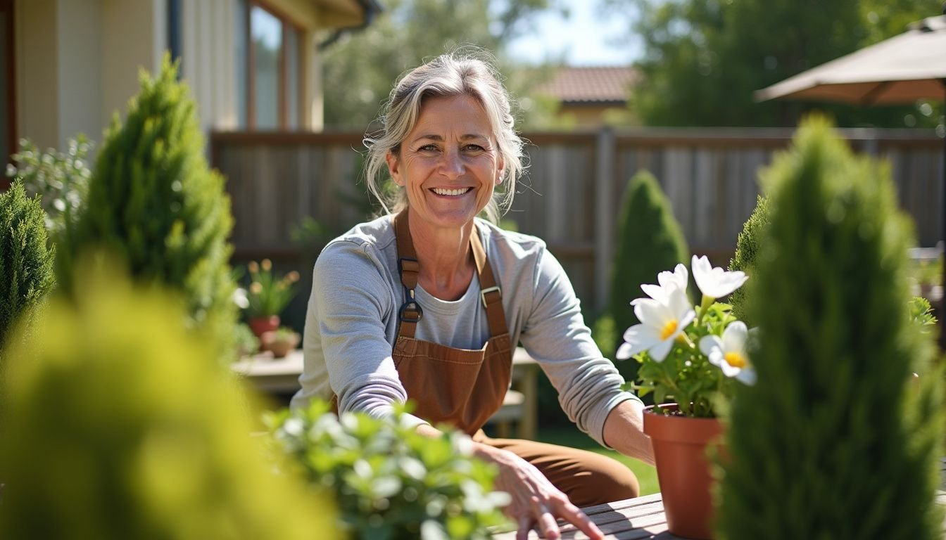 A woman arranging topiaries in her sunny garden with a smile.