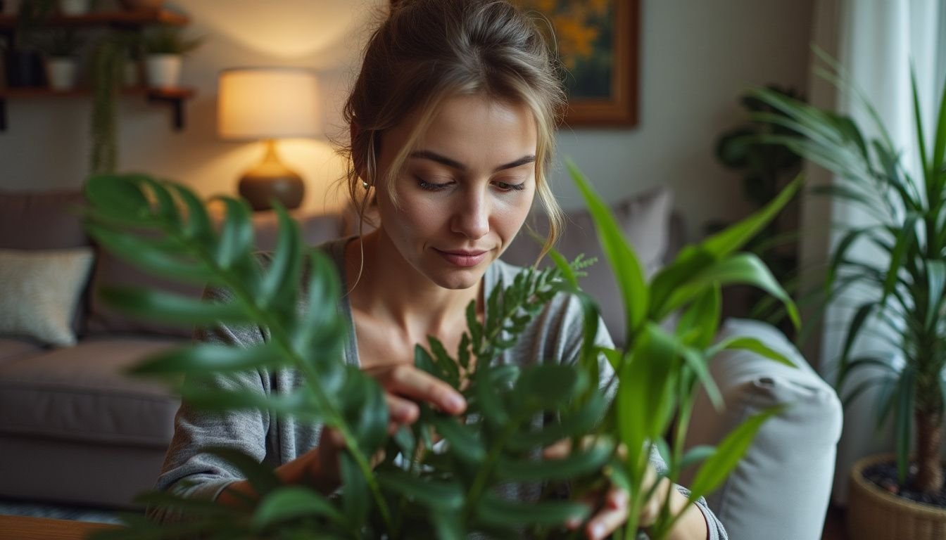 A woman in her 30s arranging faux plants in a cozy living room.