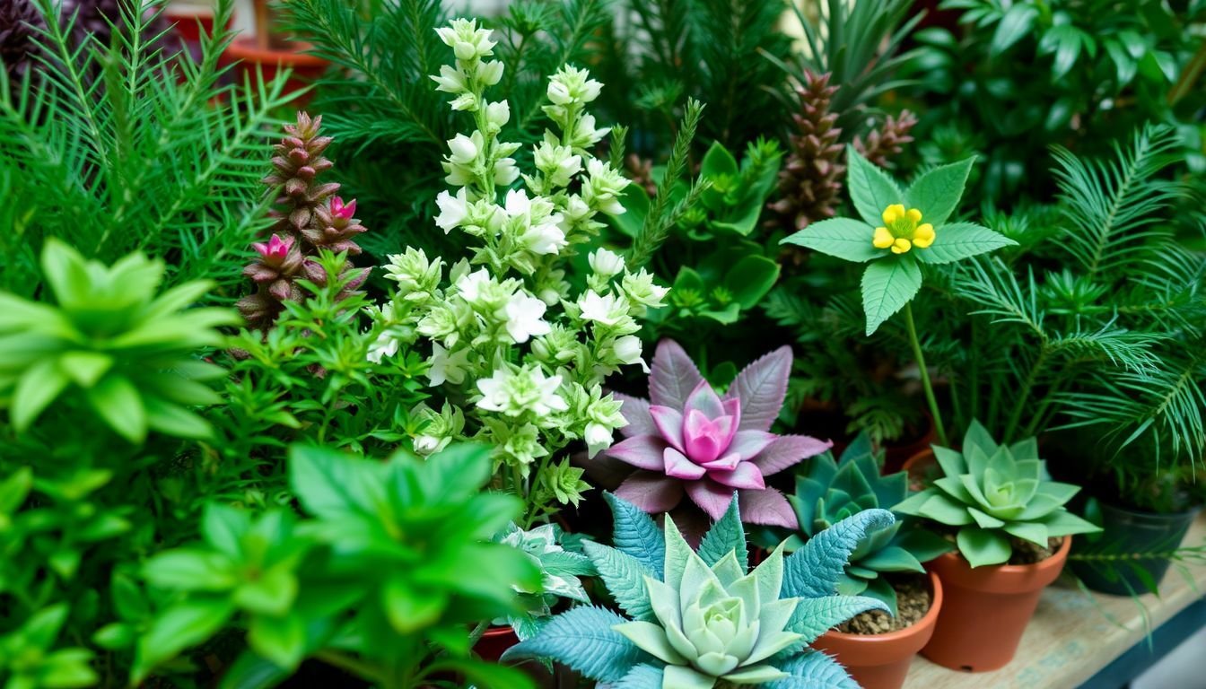 An assortment of fake plants for sale in an online marketplace.