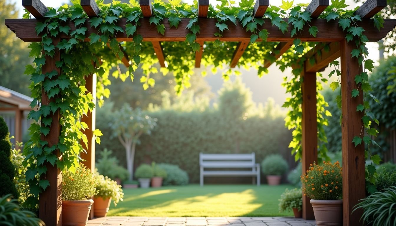 A backyard garden with artificial ivy vines on a wooden pergola.