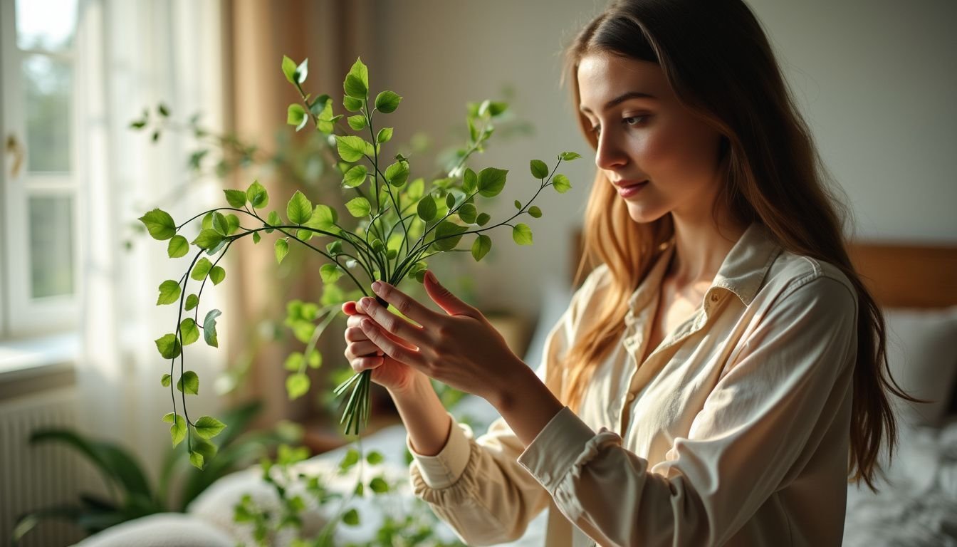 A young woman arranges artificial vines in her cozy bedroom.