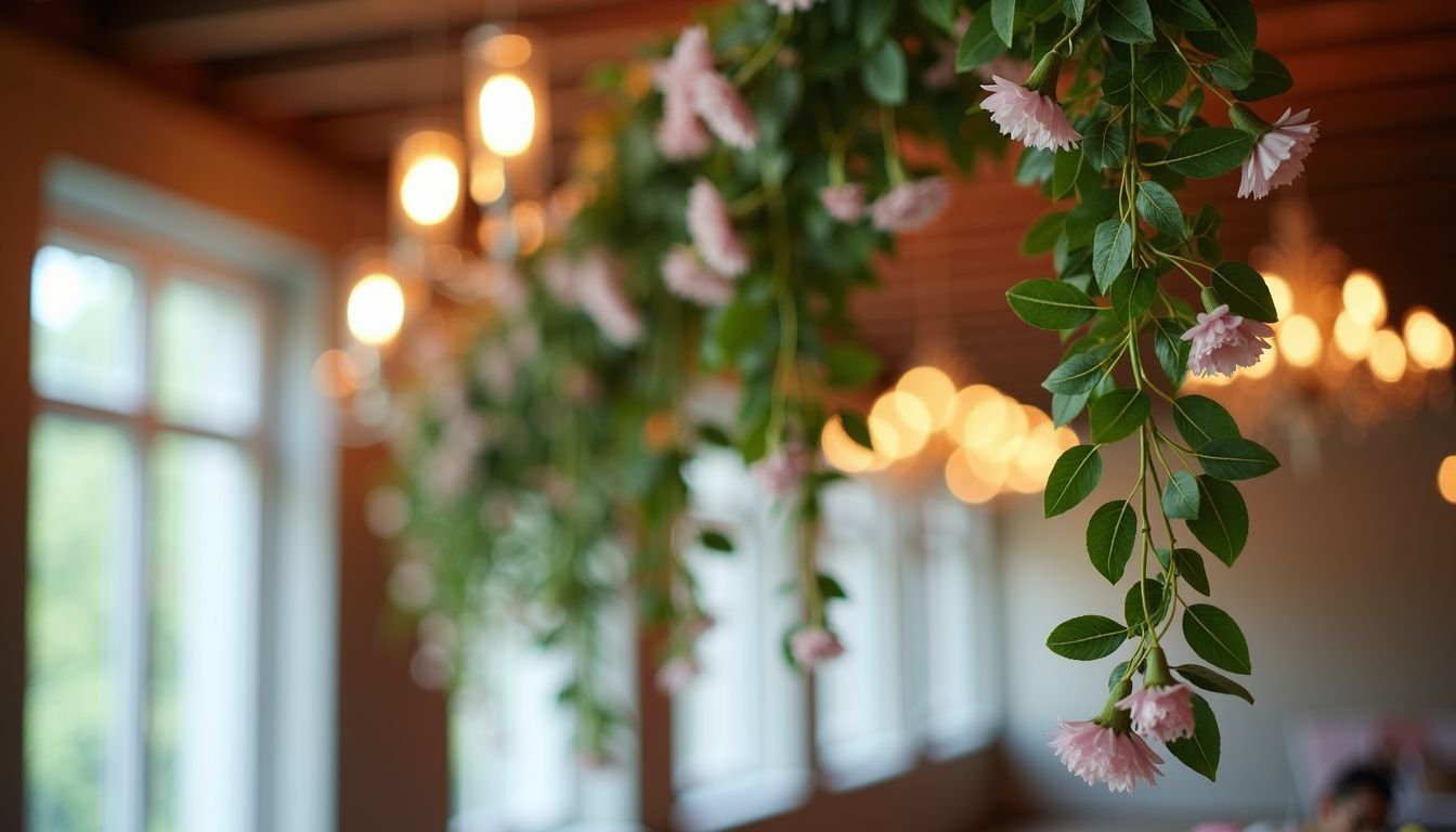 Artificial flower vines hanging in a cozy event hall.