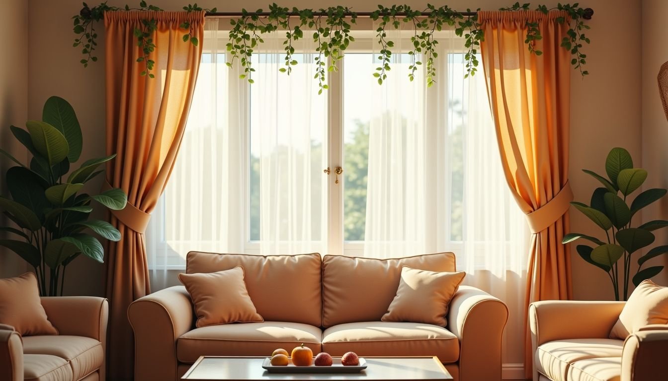 A cozy living room with soft sunlight and elegant fake flower vines.