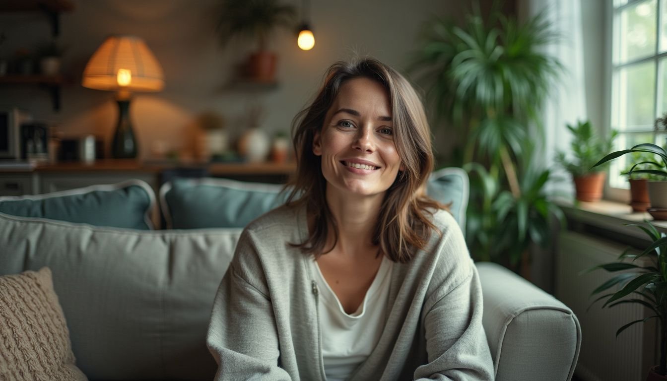 A woman in her 30s sitting in a cozy living room.