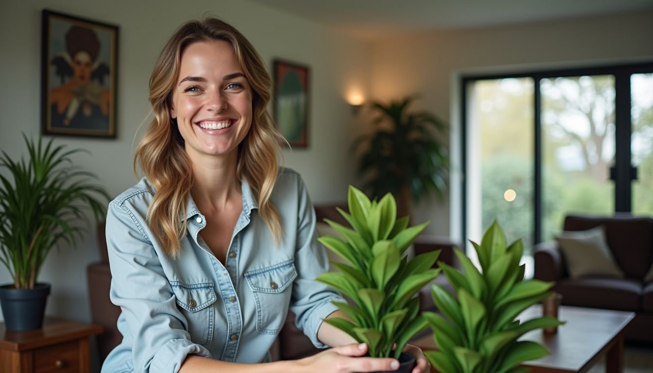 A woman in her 30s arranging faux plants in her living room.