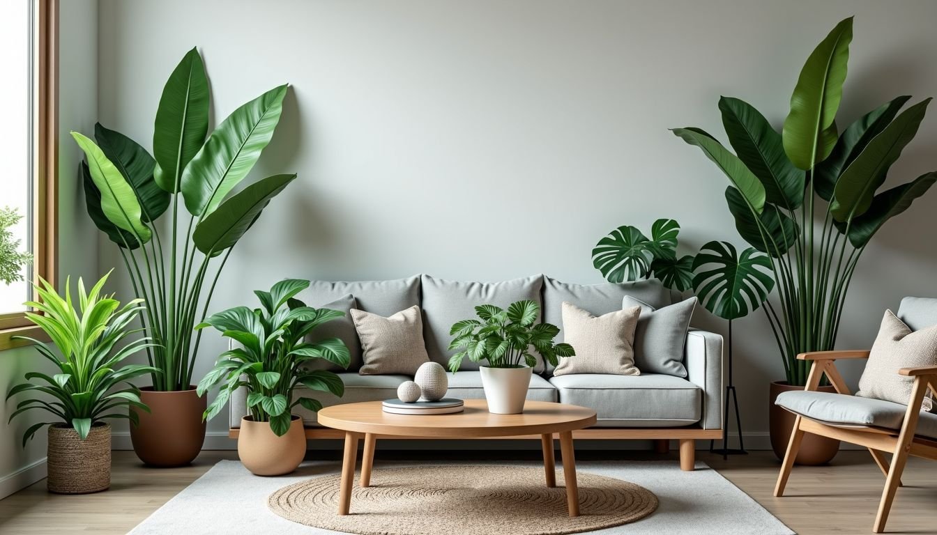 A modern living room with vibrant faux plants creates a fresh atmosphere.