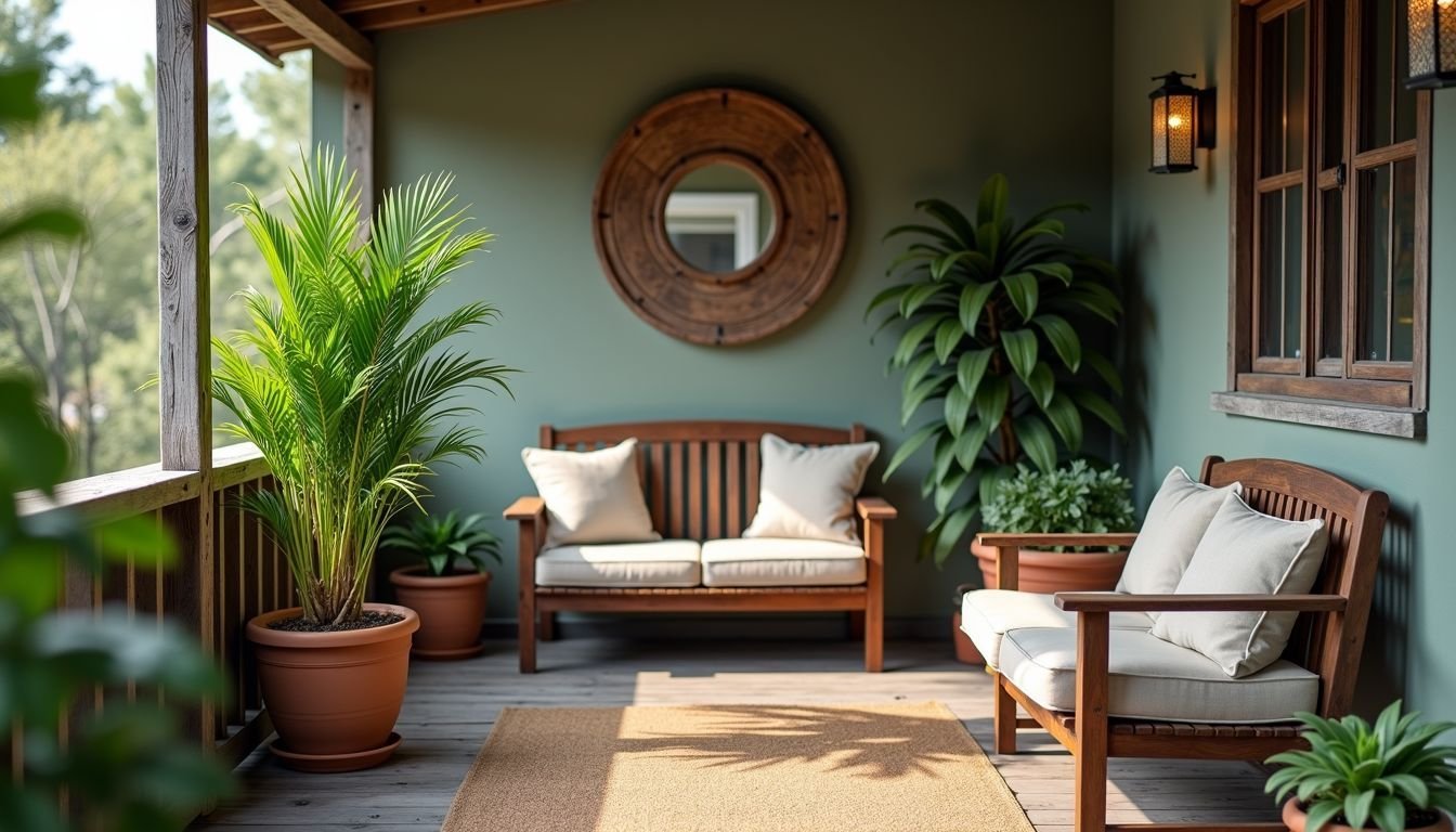 A faux tall plant stands on a rustic outdoor patio.