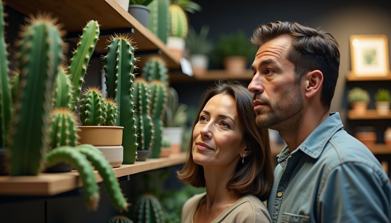 A couple admires artificial cacti in a home decor store.