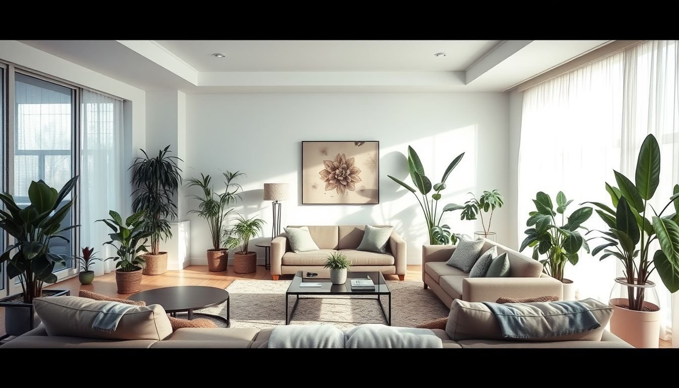 A modern living room with large indoor plants and muted decor.