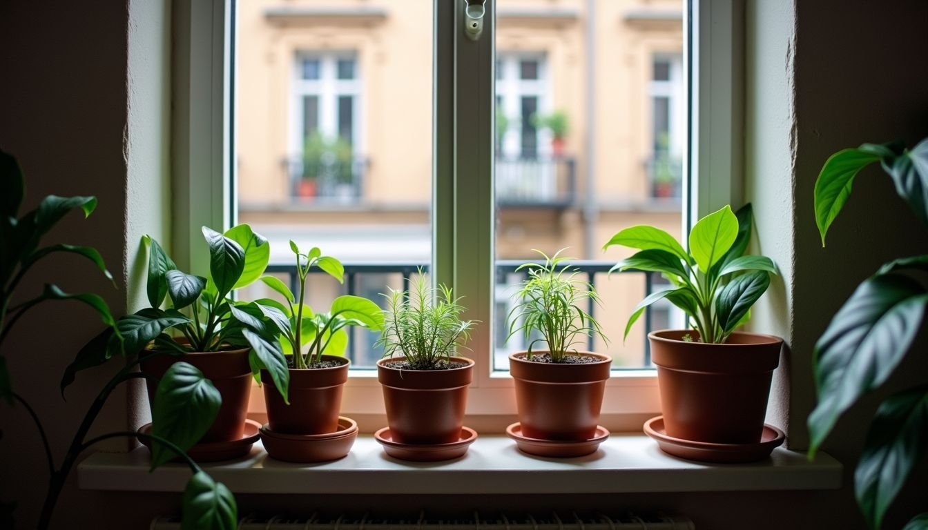 A charming urban apartment window sill filled with small potted plants.