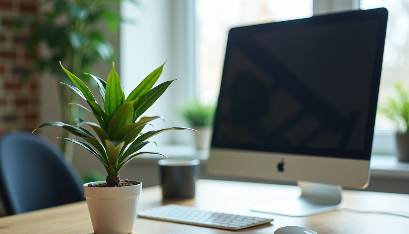 The photo shows an artificial office plant on a desk.