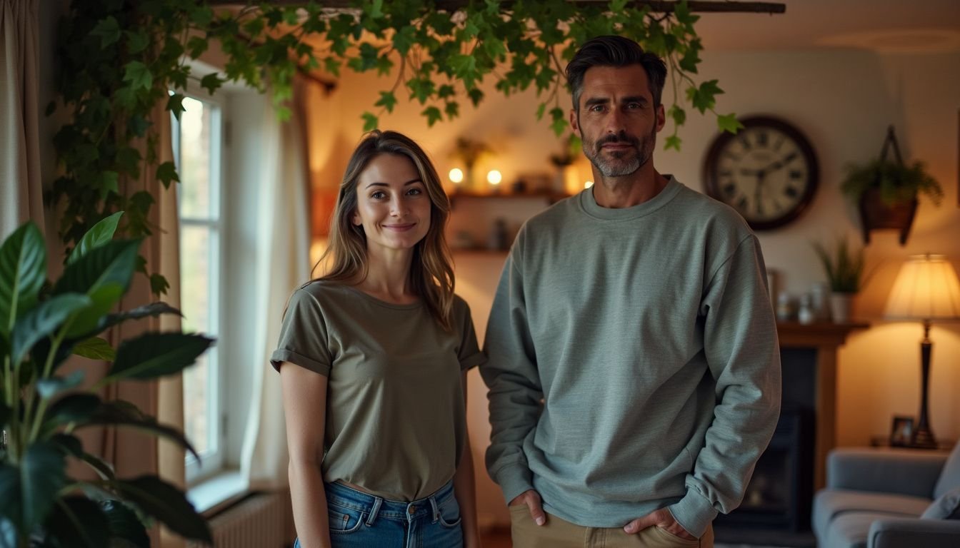 A couple in their 30s decorating their cozy living room with artificial vines.