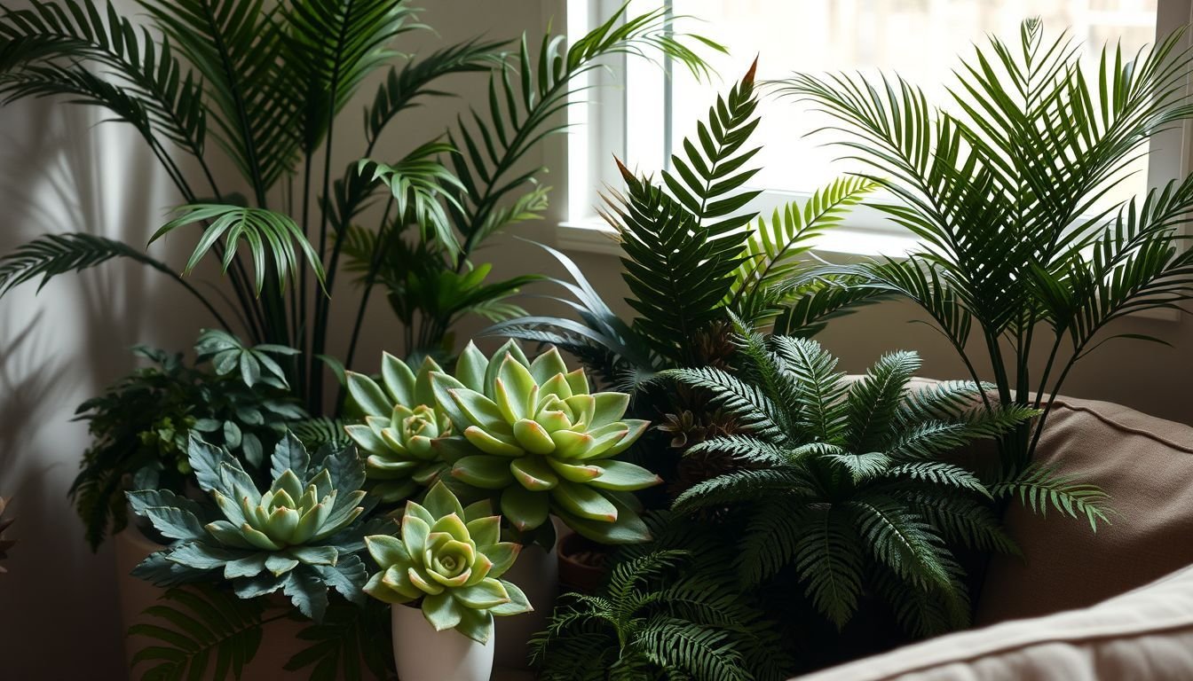 A collection of high-quality artificial plants in a cozy living room.