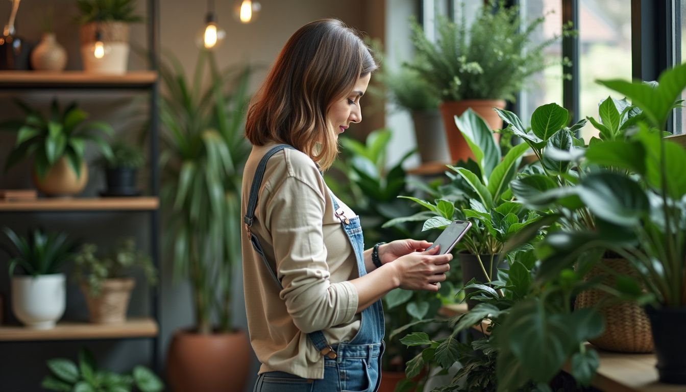 A woman browsing faux plants in a modern home decor store.