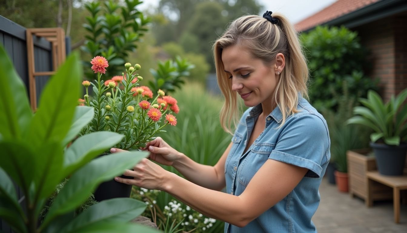 A woman arranges UV-resistant fake plants in a well-maintained garden.