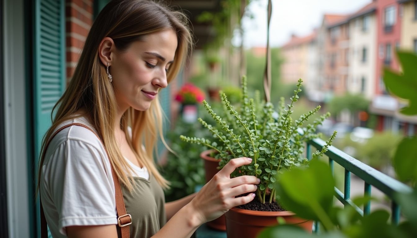 A woman in her 30s arranges faux plants on a colorful balcony.