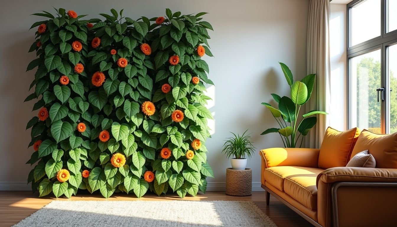 A modern faux plant screen adds a lively touch to the living room decor.