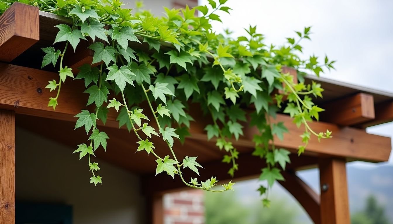 A realistic artificial vine drapes from a rustic wooden pergola.