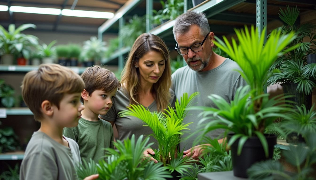 A family shopping for artificial plants at Bunnings.